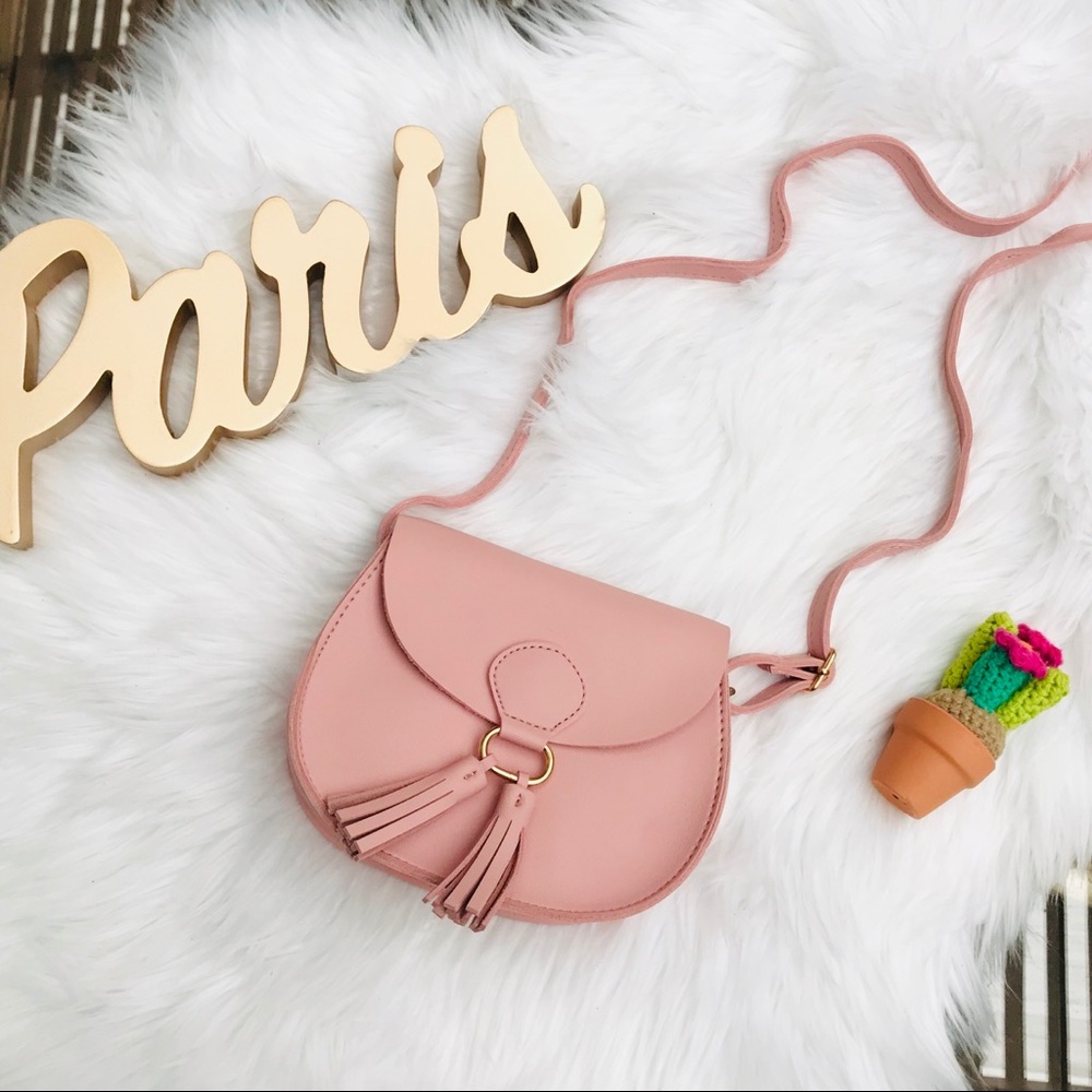 Vegan Leather Pink Crossbody Saddle Bag w/ Tassels